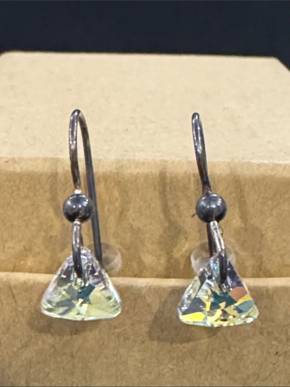 Sterling Silver Triangle Crystal Drop Earrings in Iridescent Yellow - Unbranded